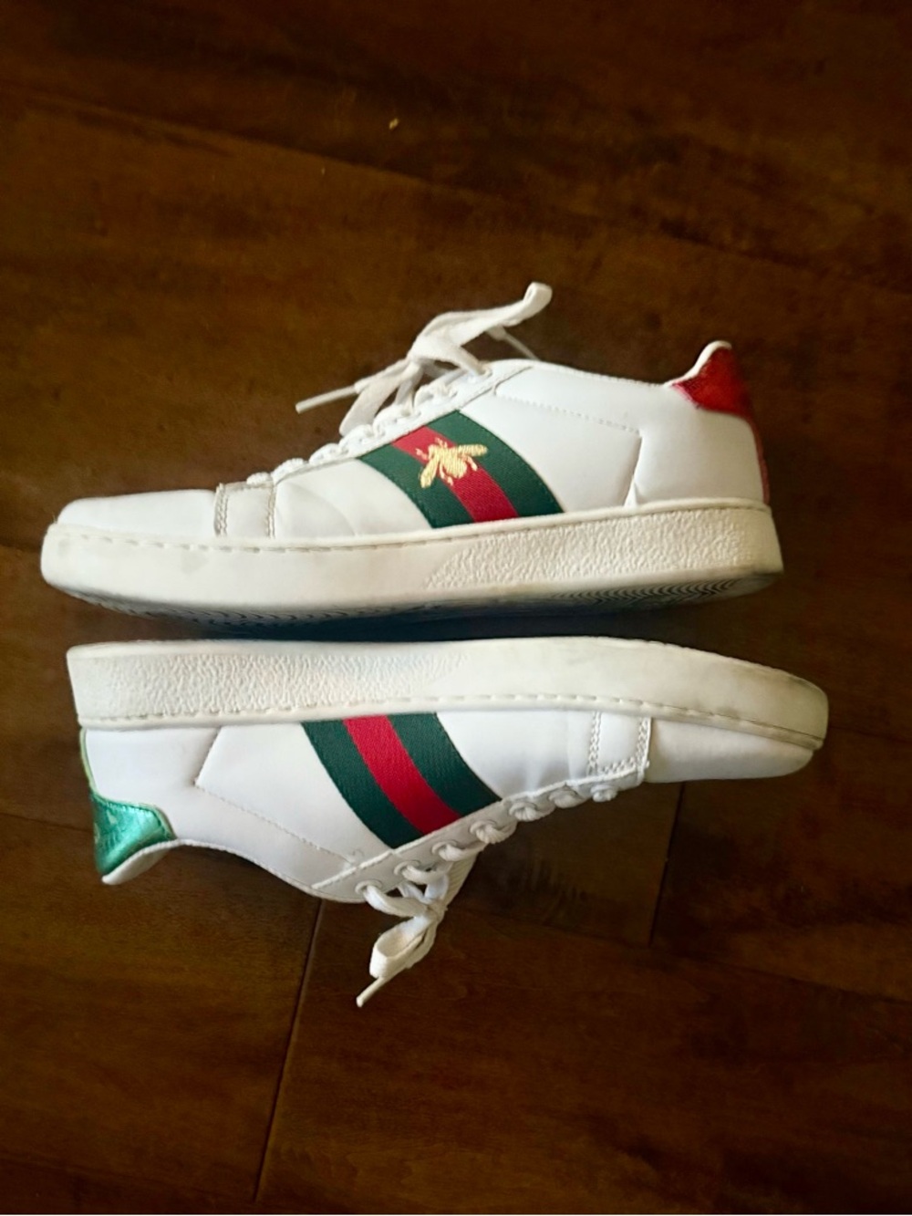 Gucci White Leather Sneakers with Green & Red Web Stripe and Bee Accent